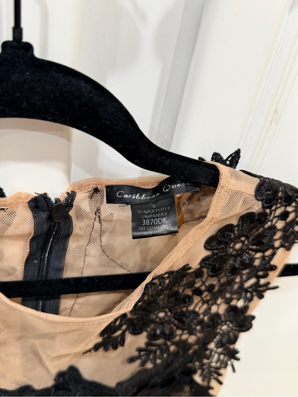 Caribbean Queen Black Floral Lace Appliqué Mini Dress with Nude Bodice - Picture 2 of 5